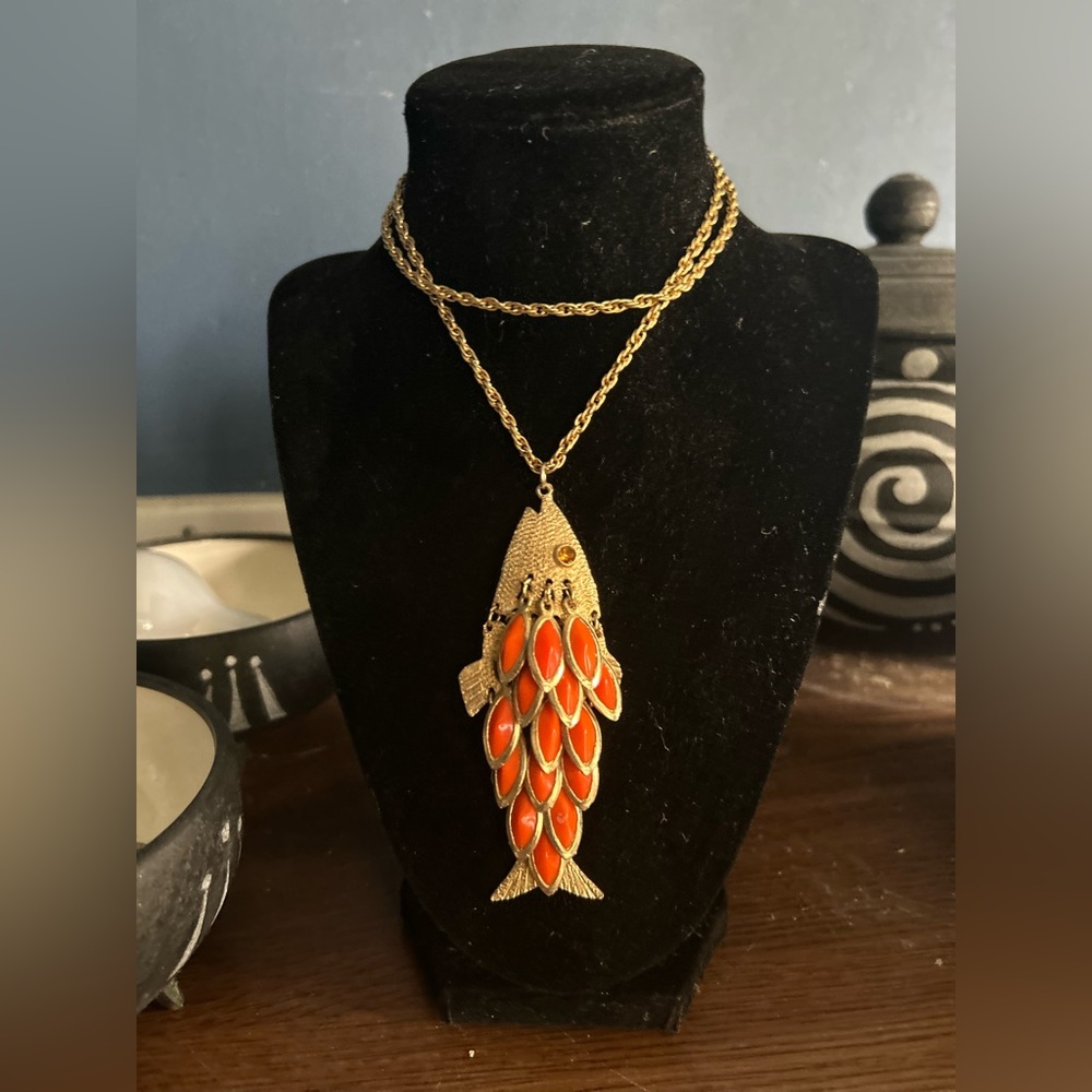 Gold and Orange Fish pendant and necklace. Vintage.